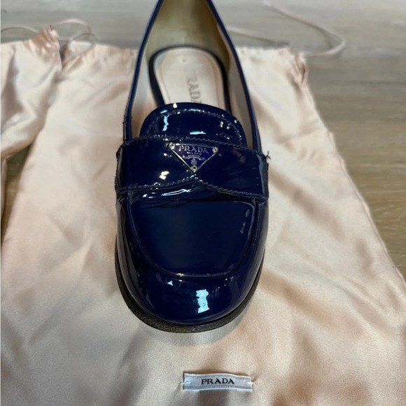 Prada Patent Leather Triangle Logo Loafers, Navy Blue, Size 36.5/US 6.5 - Picture 11 of 14